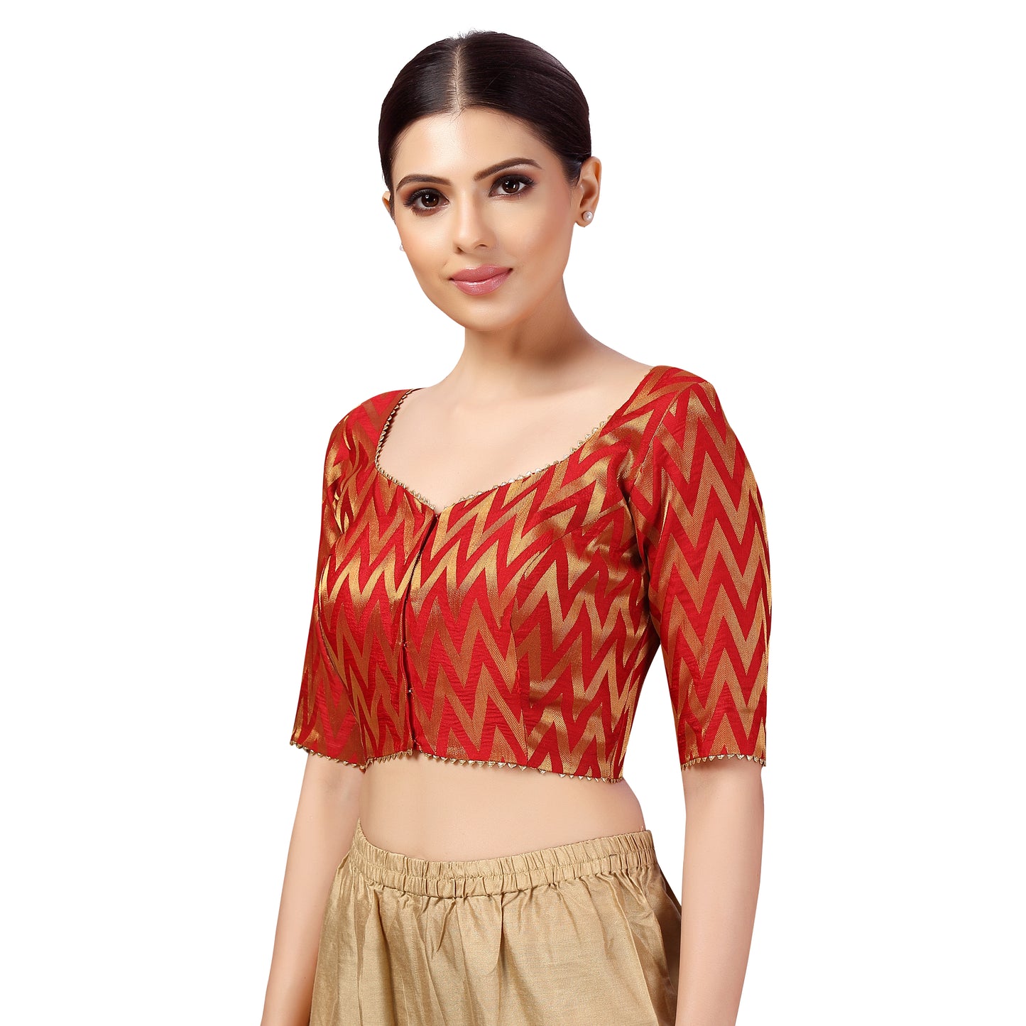 Women's Readymade Wave Design Banaras Brocade Saree Blouse With Elbow Length Sleeves (2628)