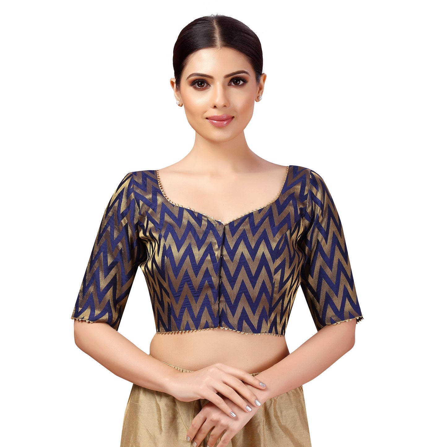 Women's Readymade Wave Design Banaras Brocade Saree Blouse With Elbow Length Sleeves (2628)