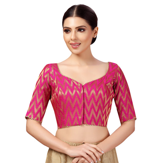 Women's Readymade Wave Design Banaras Brocade Saree Blouse With Elbow Length Sleeves (2628)