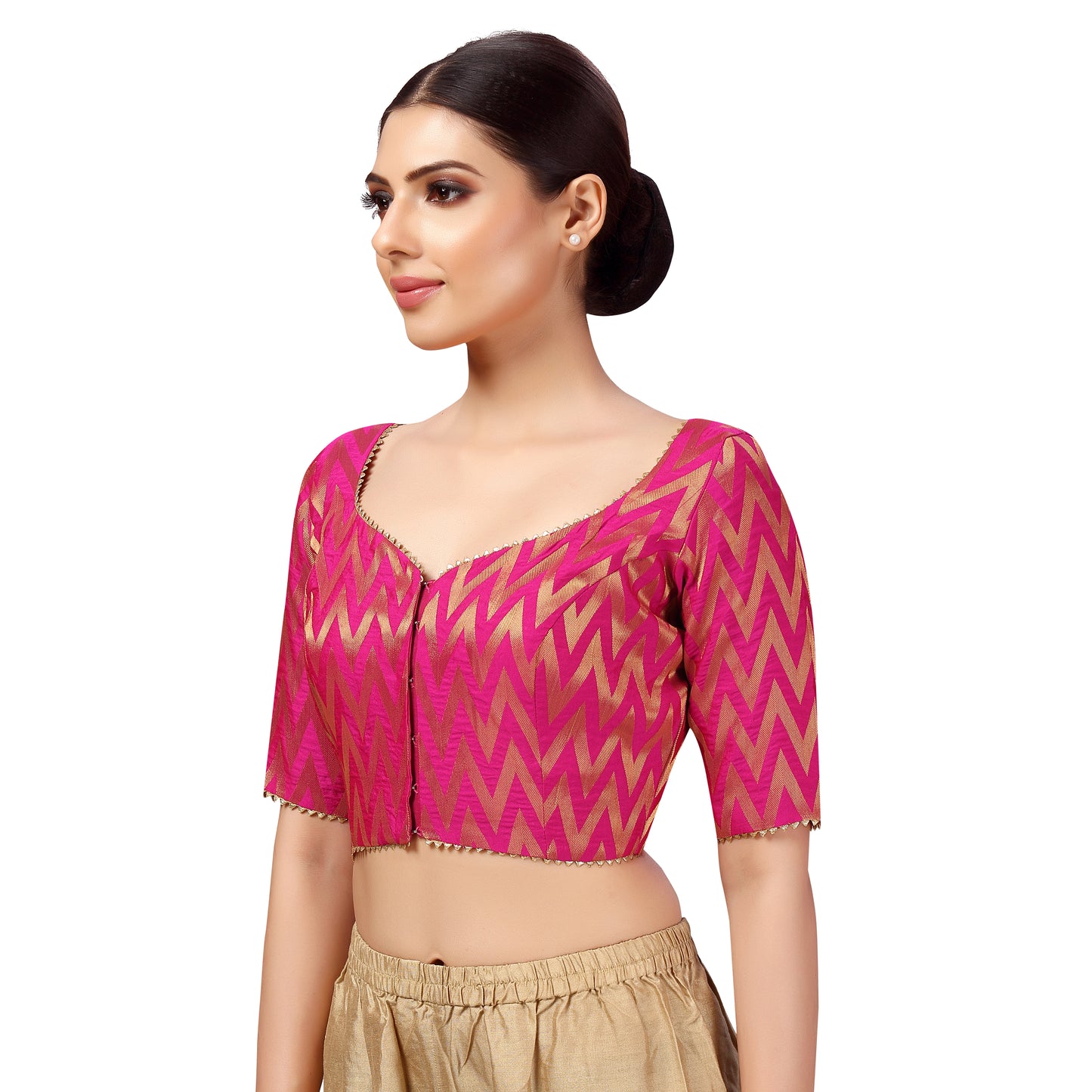 Women's Readymade Wave Design Banaras Brocade Saree Blouse With Elbow Length Sleeves (2628)