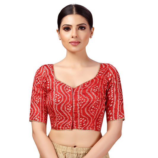 Women's Polyester Elbow Length Sleeves Bandhani Print Silky Saree Blouse (2631 - Red)