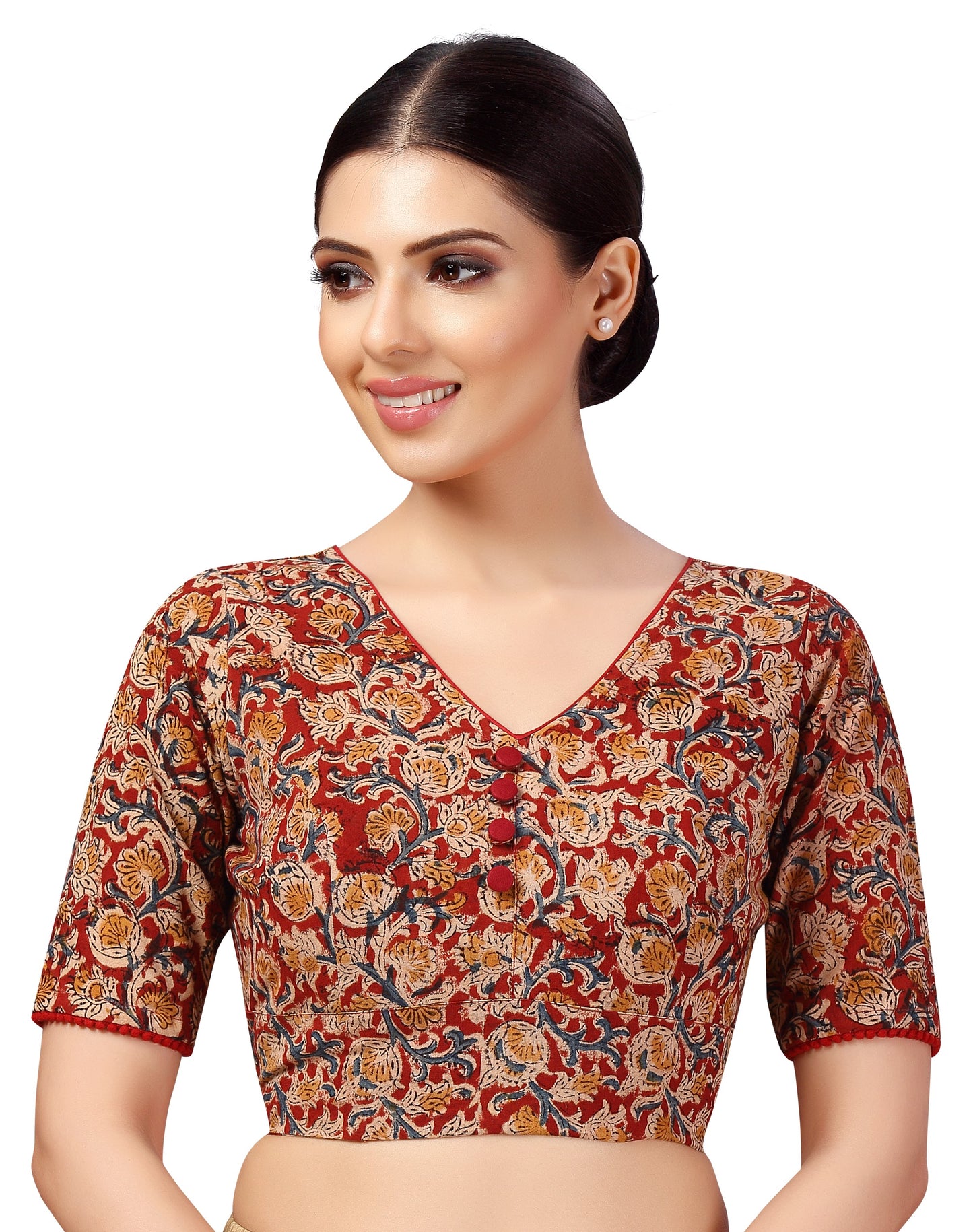 Women's Brick Red & Beige Kalamkari Printed Saree Blouse (Design 2633)