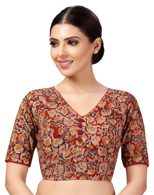 Women's Brick Red & Beige Kalamkari Printed Saree Blouse (Design 2633)