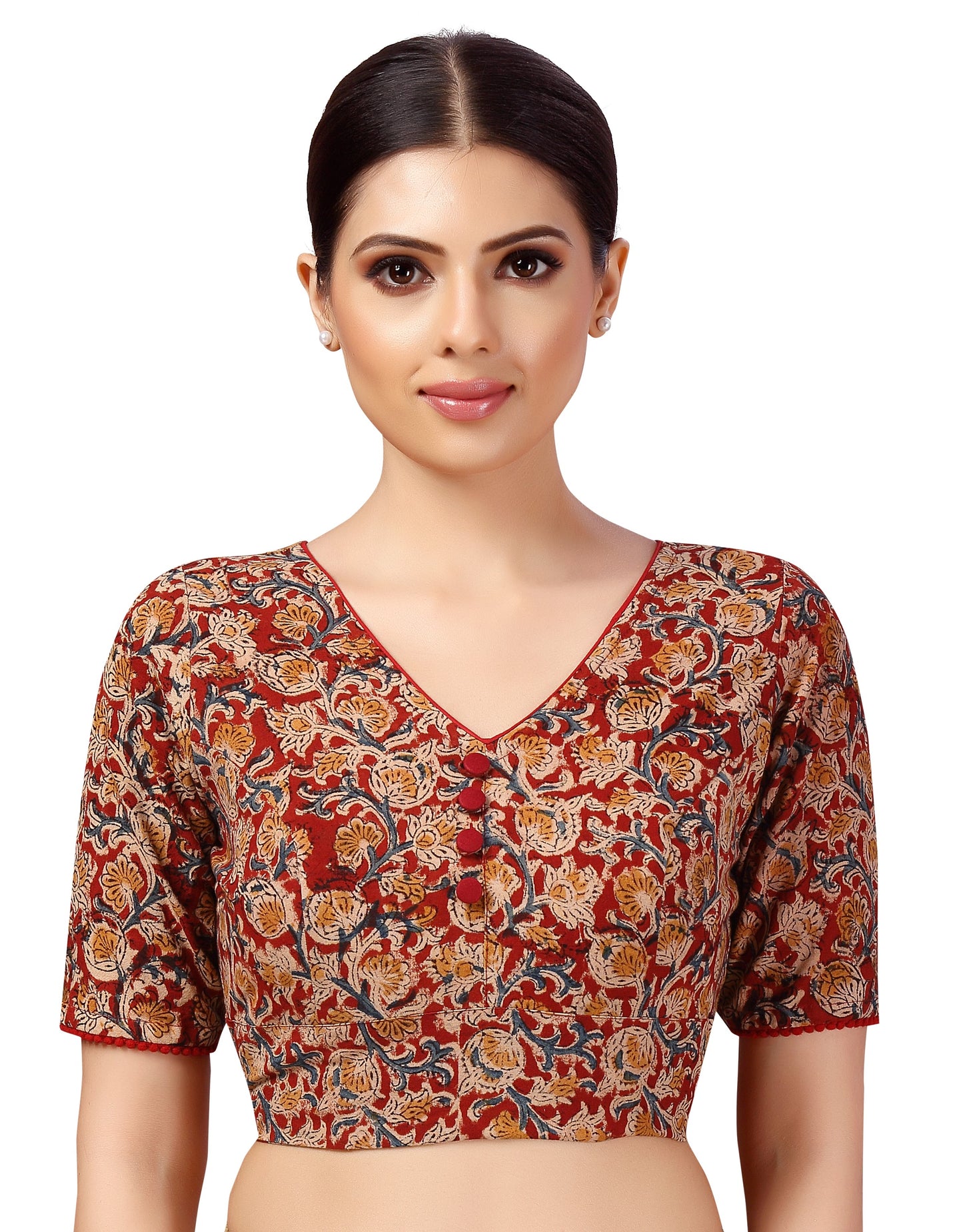 Women's Brick Red & Beige Kalamkari Printed Saree Blouse (Design 2633)