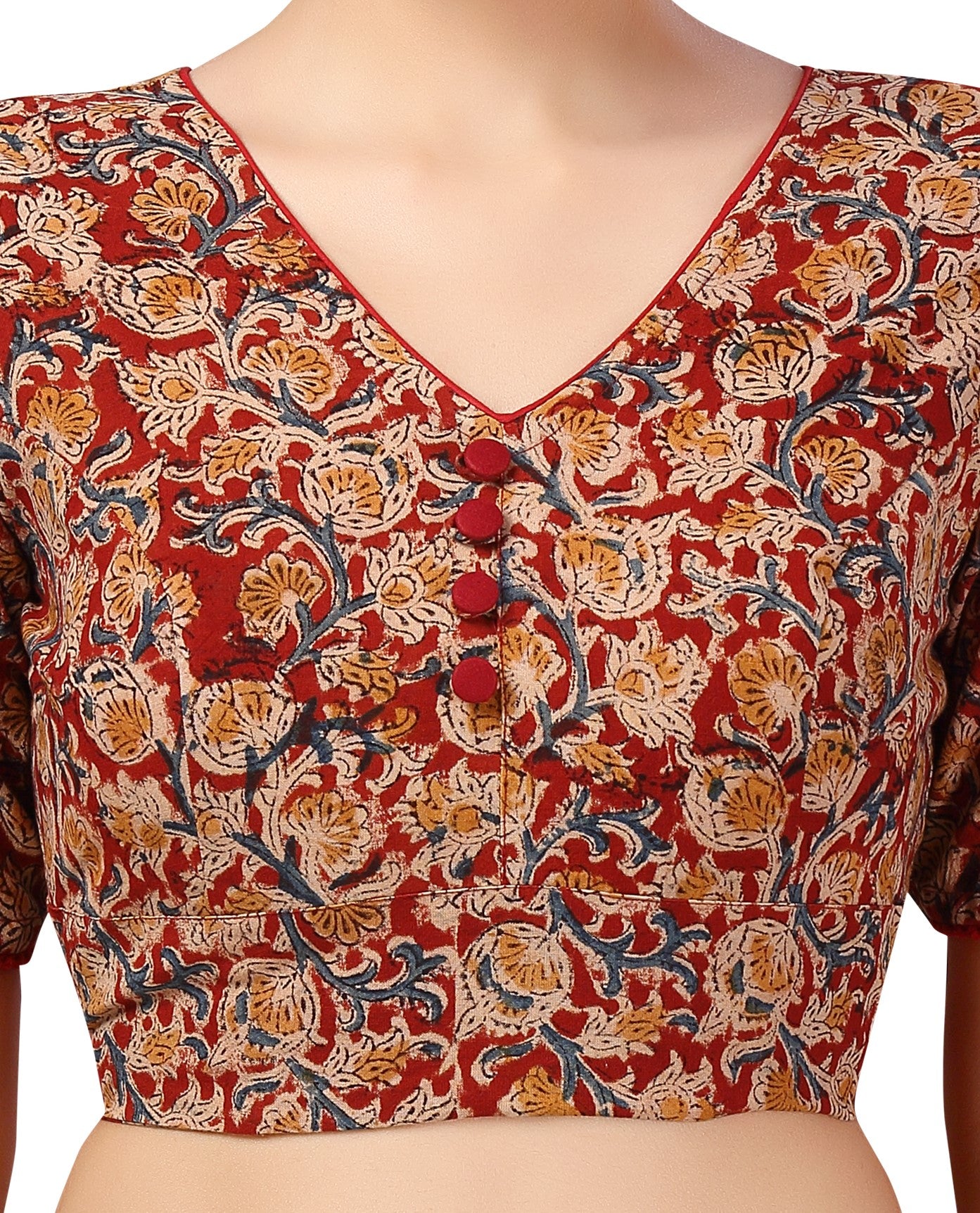 Women's Brick Red & Beige Kalamkari Printed Saree Blouse (Design 2633)