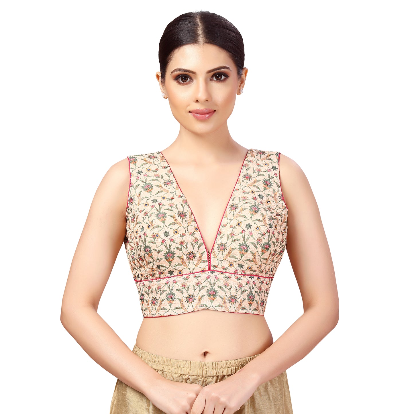 Women's Chikankari with Print Sleeveless Padded Saree Blouse (2635 - Peach)