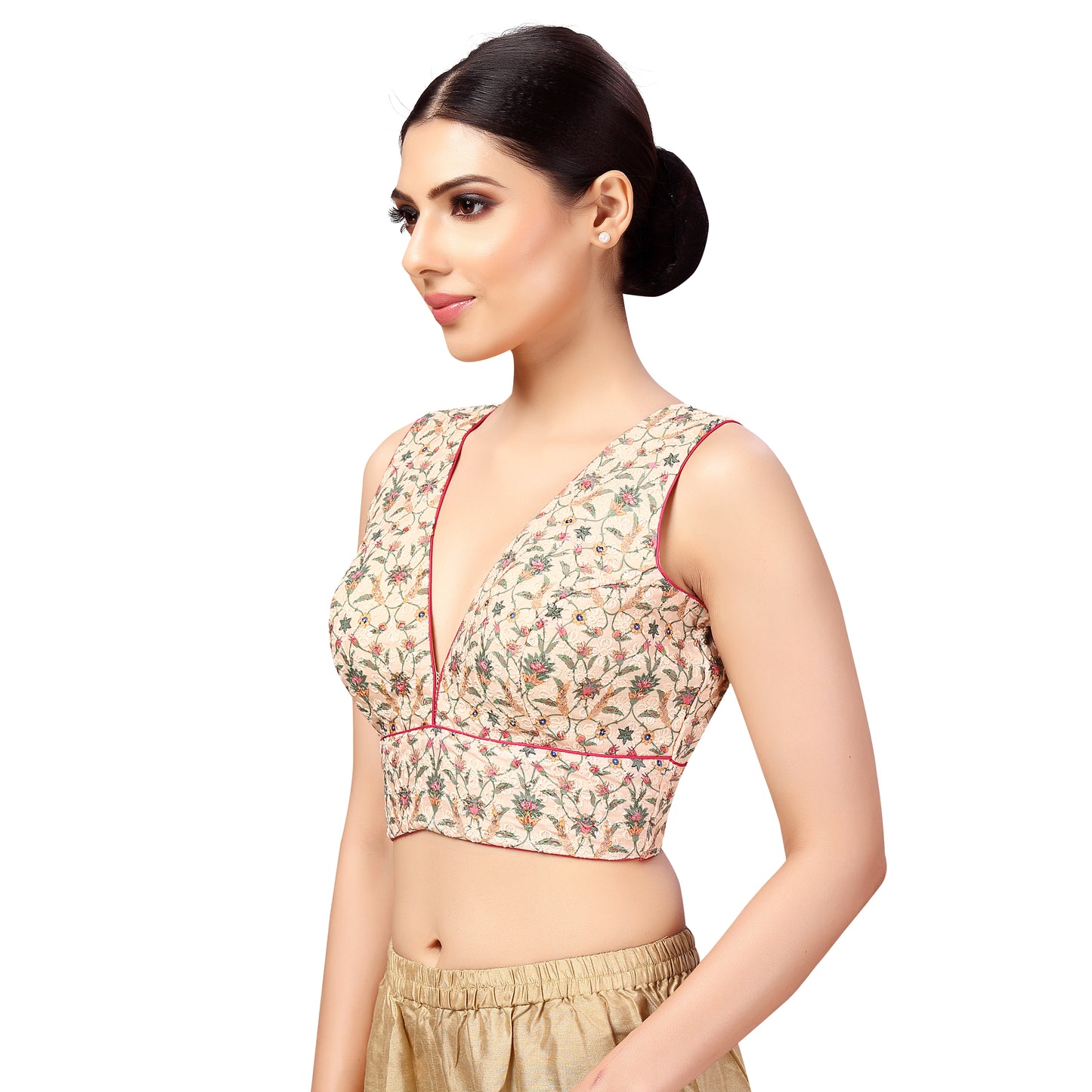 Women's Chikankari with Print Sleeveless Padded Saree Blouse (2635 - Peach)
