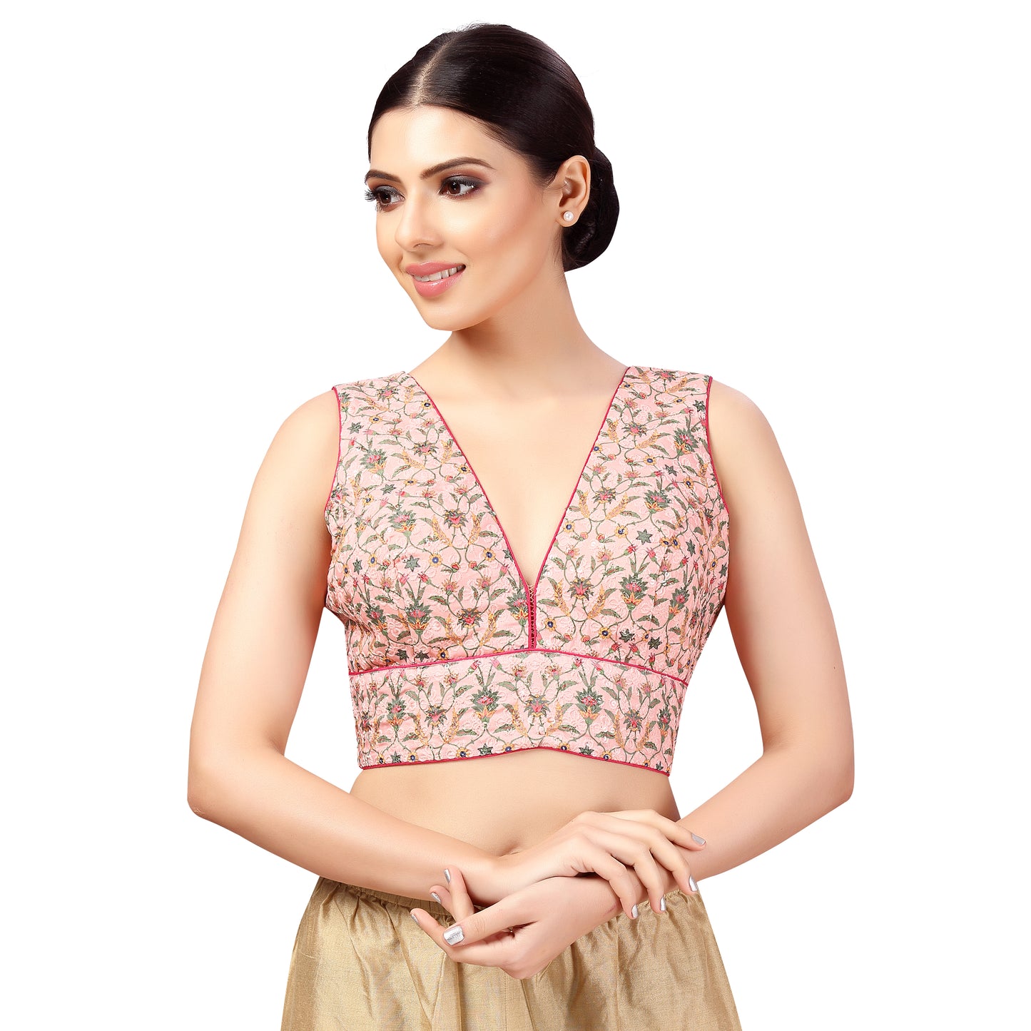 Women's Chikankari with Print Sleeveless Padded Saree Blouse (2635 - Pink)