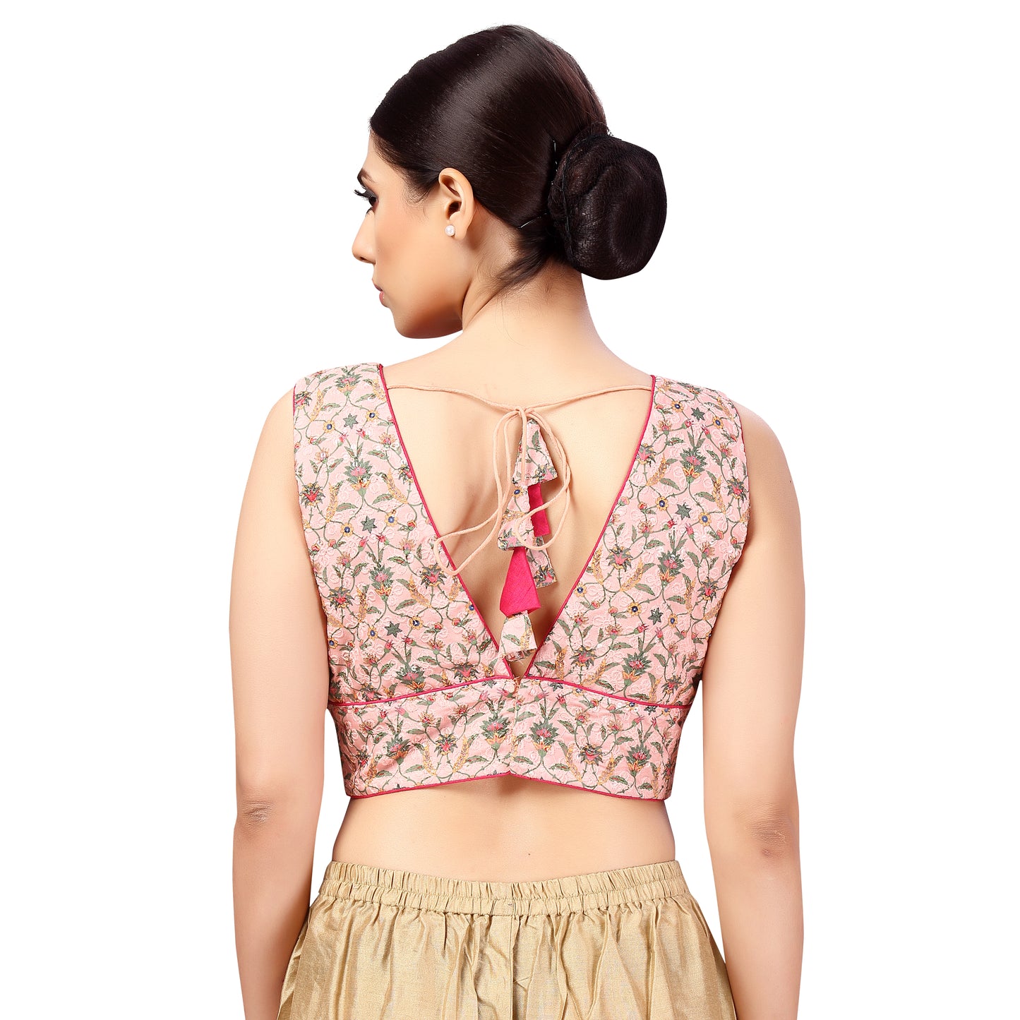 Women's Chikankari with Print Sleeveless Padded Saree Blouse (2635 - Pink)