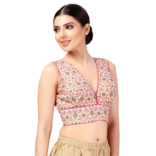 Women's Chikankari with Print Sleeveless Padded Saree Blouse (2635 - Pink)