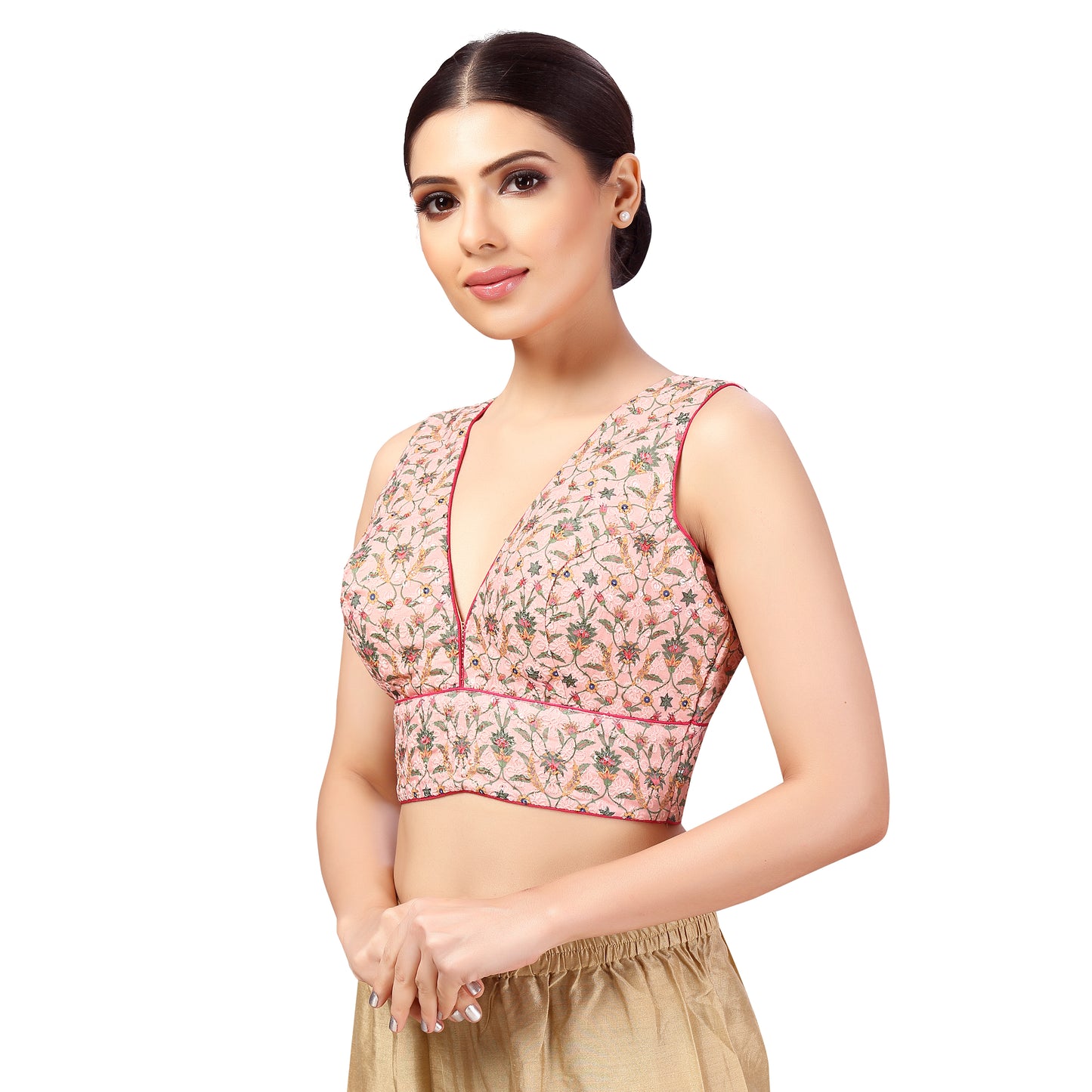 Women's Chikankari with Print Sleeveless Padded Saree Blouse (2635 - Pink)