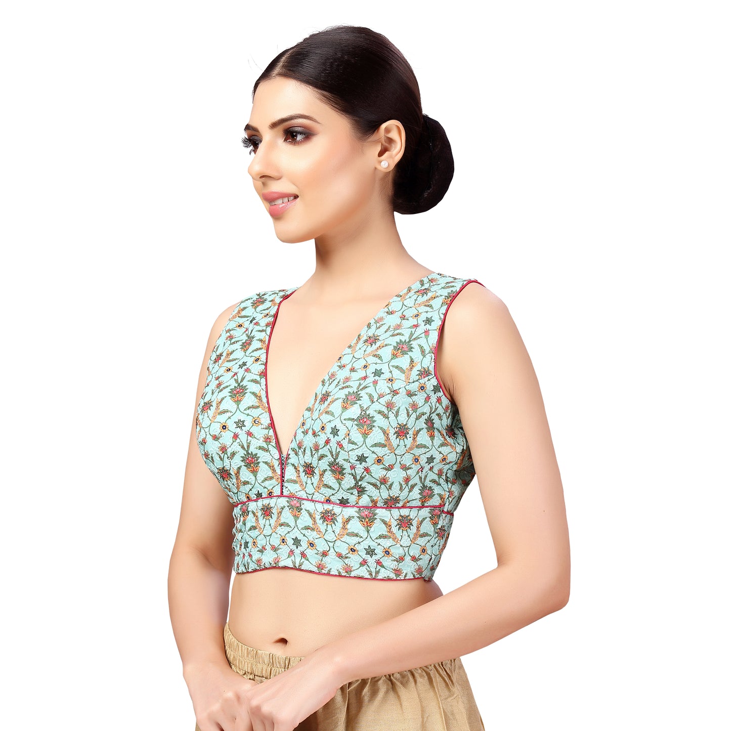 Women's Chikankari with Print Sleeveless Padded Saree Blouse (2635 - Sky Blue)