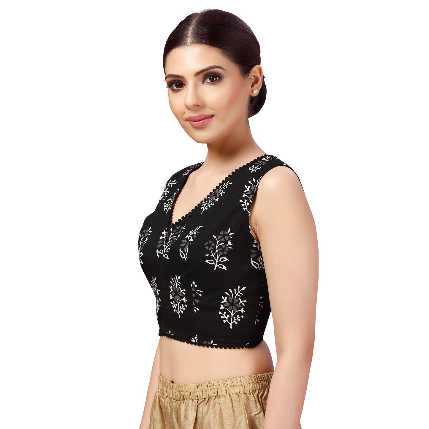 Women's Black Block Print Cotton Blouse (Design 2638)