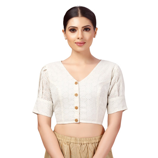 Women's White Chikankari Cotton Blouse (Design 2641)