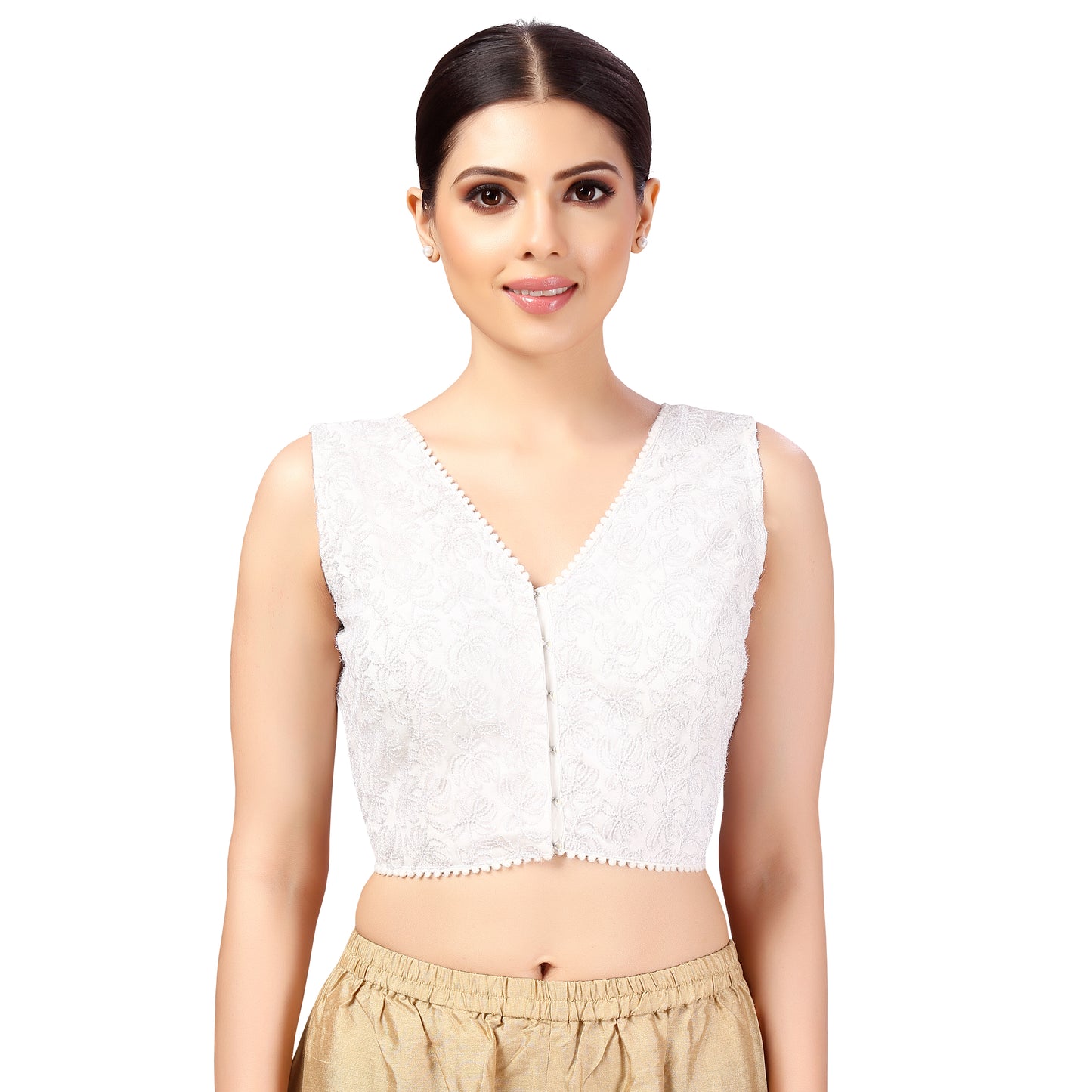 Women's Polyester Sleeveless Glitter Lace Padded Saree Blouse (2642 - White)