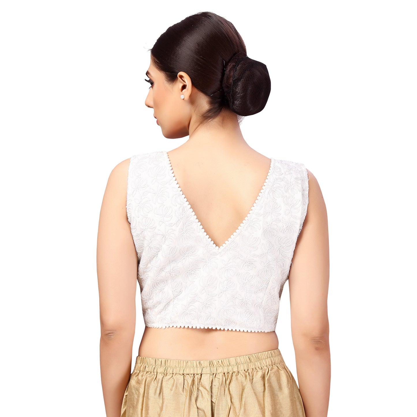 Women's Polyester Sleeveless Glitter Lace Padded Saree Blouse (2642 - White)