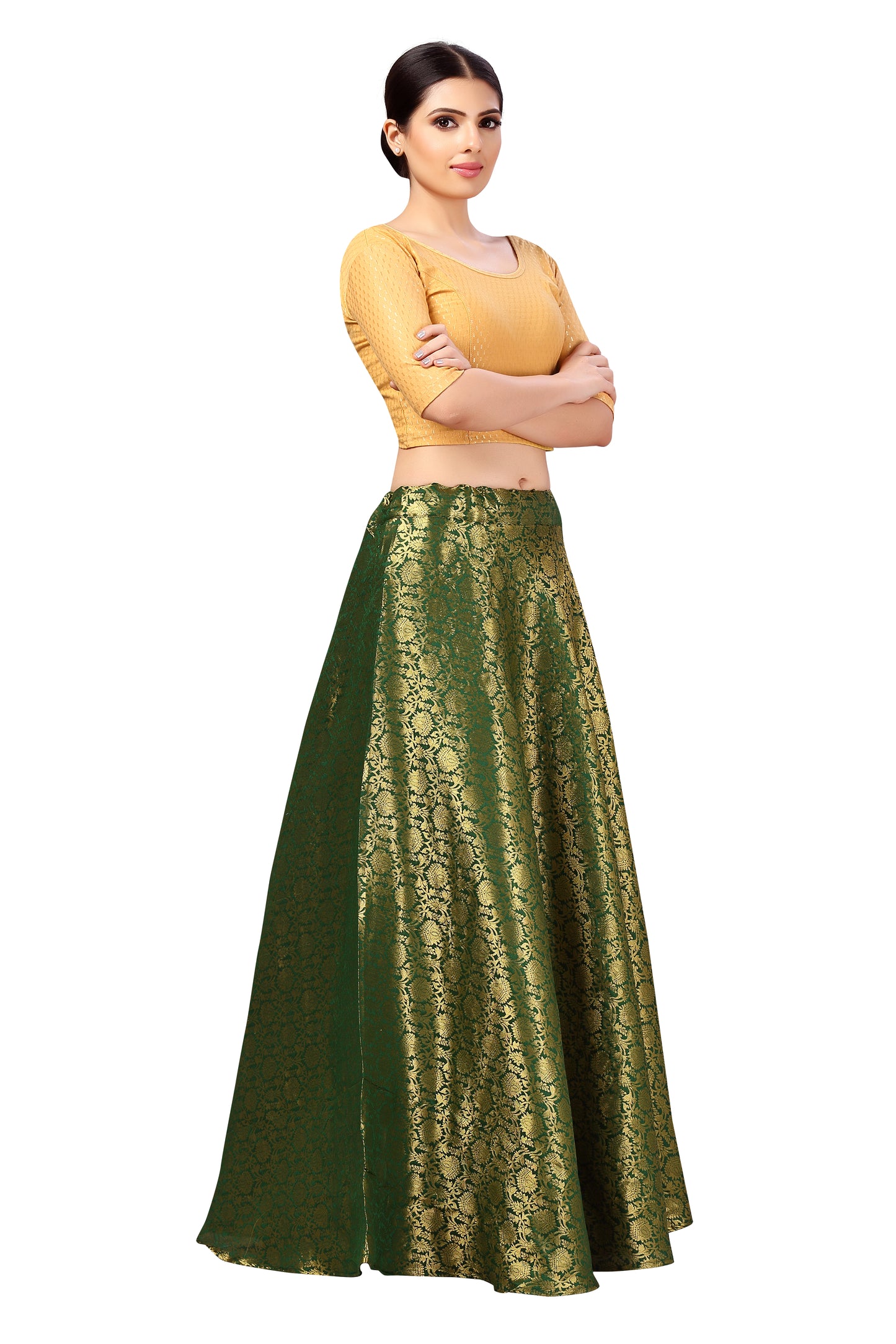 Women's Polyester Brocade Wedding Sangeet Skirt Lehenga (2644 - Bottle Green)