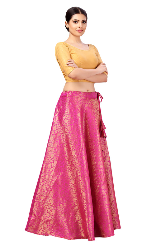 Women's Polyester Brocade Wedding Sangeet Skirt Lehenga (2644 - Pink)