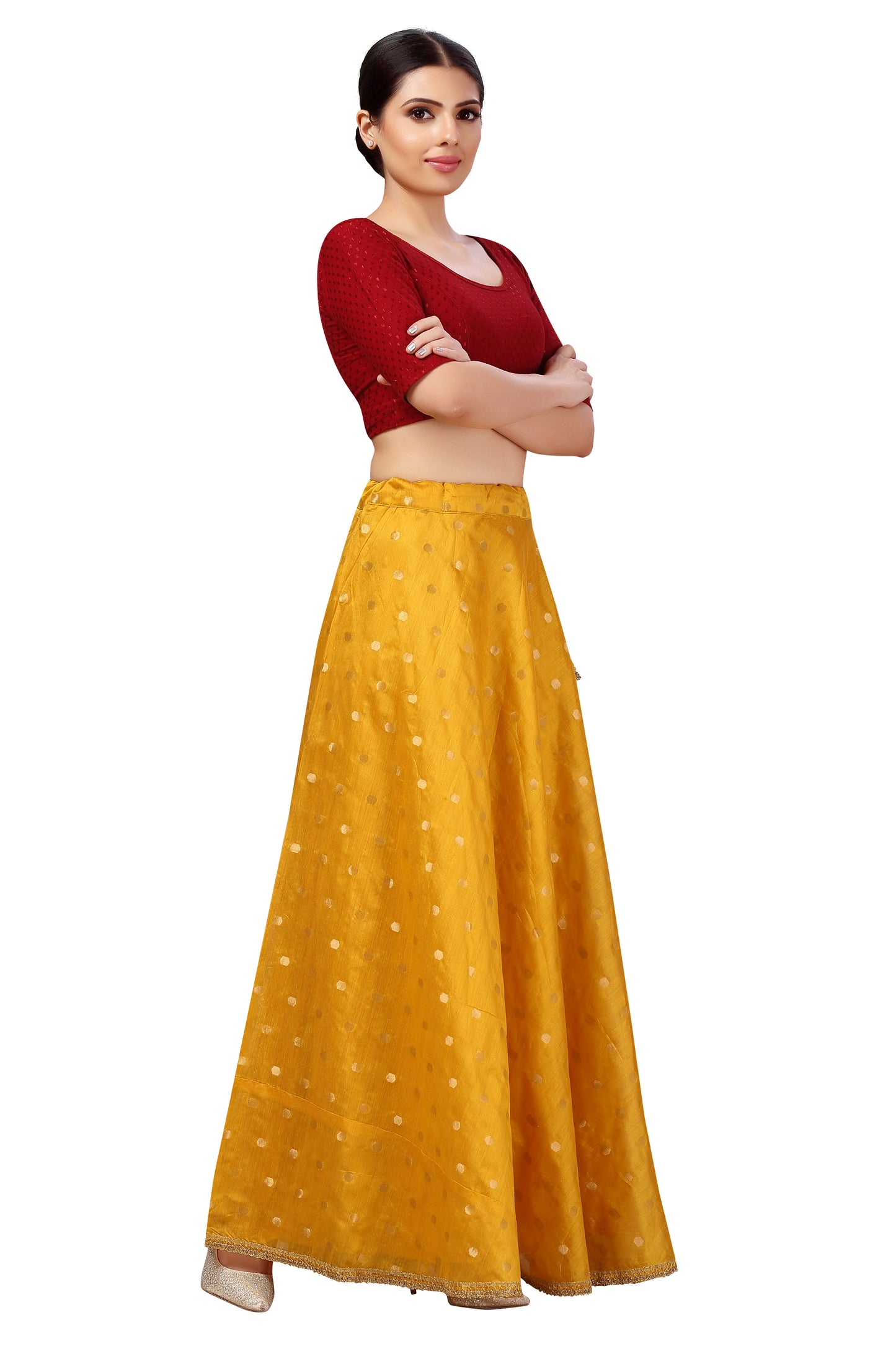 Women's Polyester Chanderi Silk Long Skirt Lehenga (2646 - Yellow)