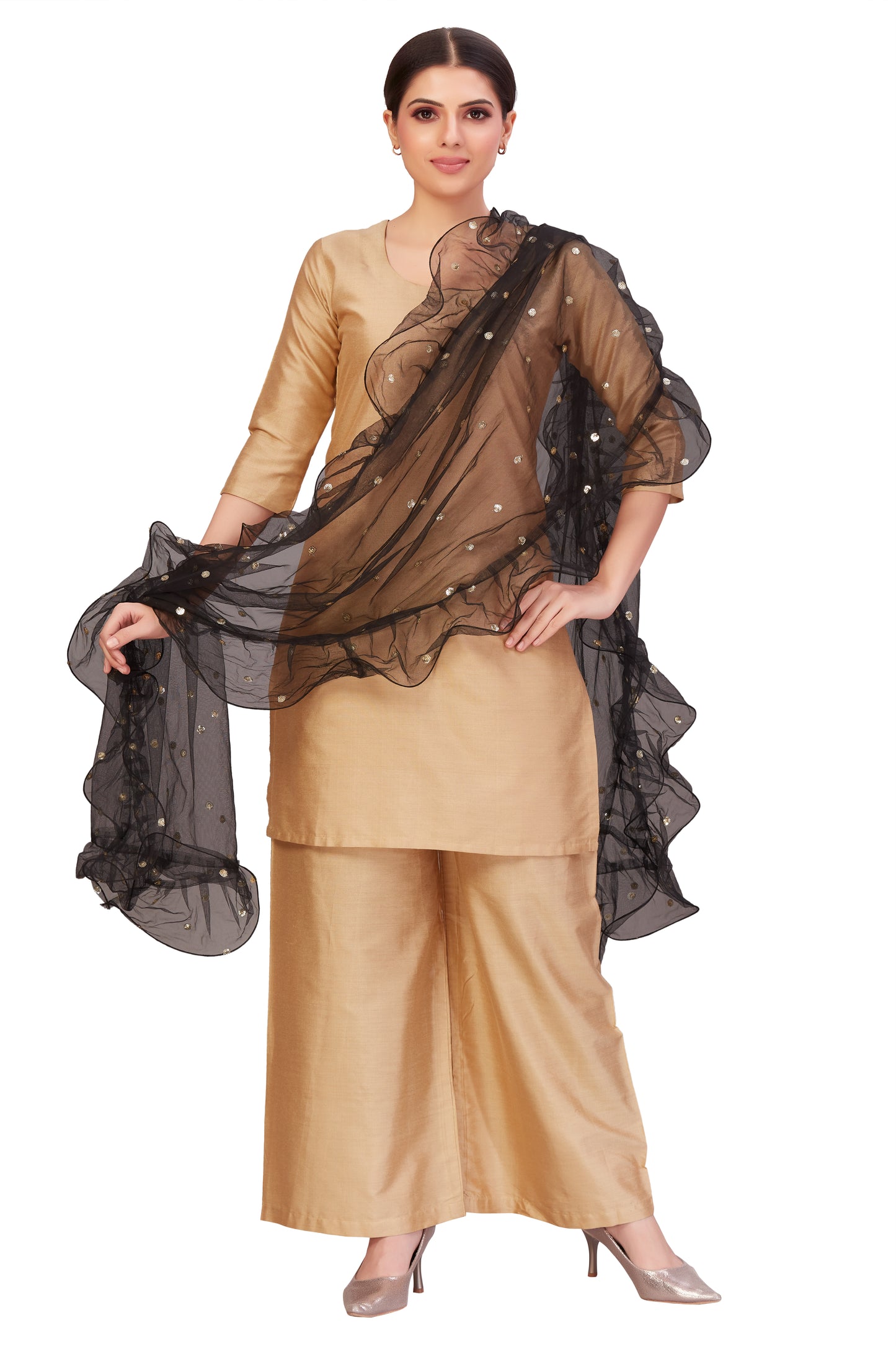 Women's Net Ruffled Dupatta (2.45 Meters) (2658 - Black)