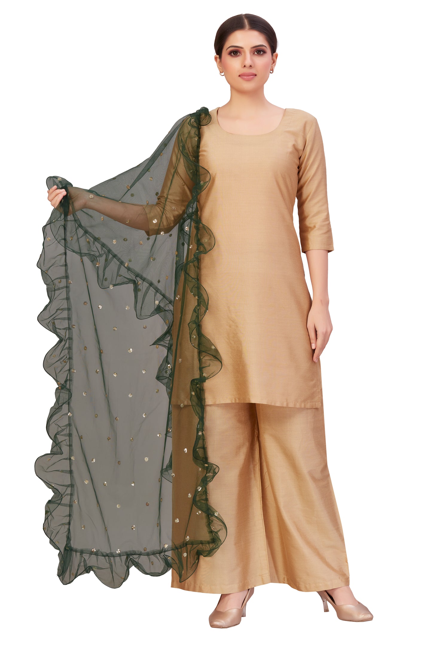 Women's Net Ruffled Dupatta (2.45 Meters) (2658 - Green)