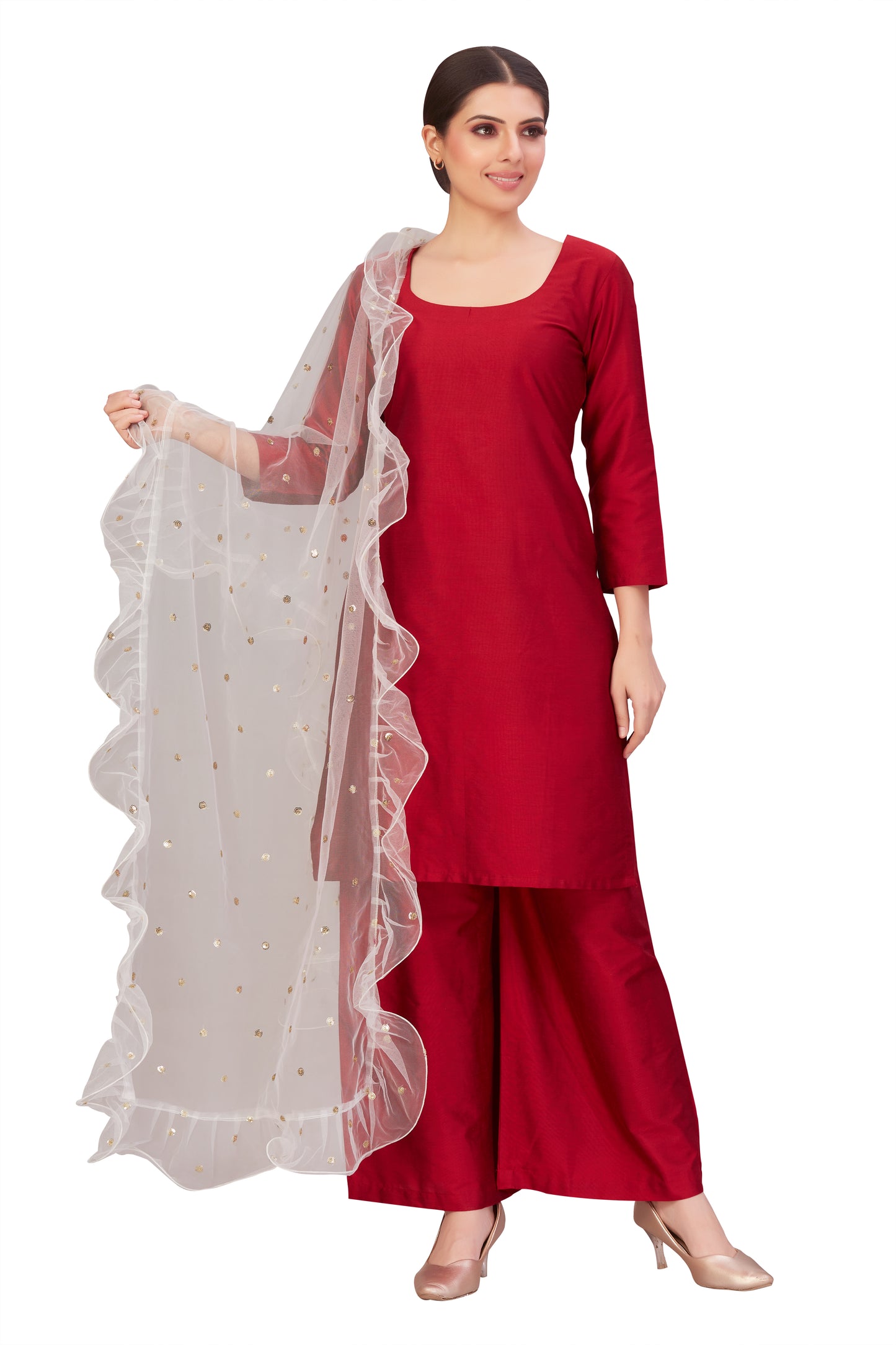 Women's Net Ruffled Dupatta (2.45 Meters) (2658 - White)