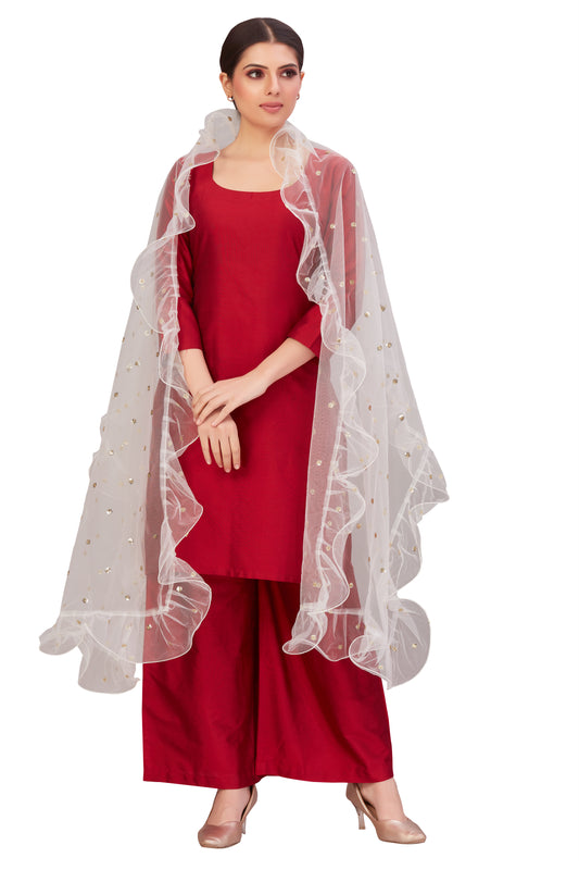 Women's Net Ruffled Dupatta (2.45 Meters) (2658 - White)