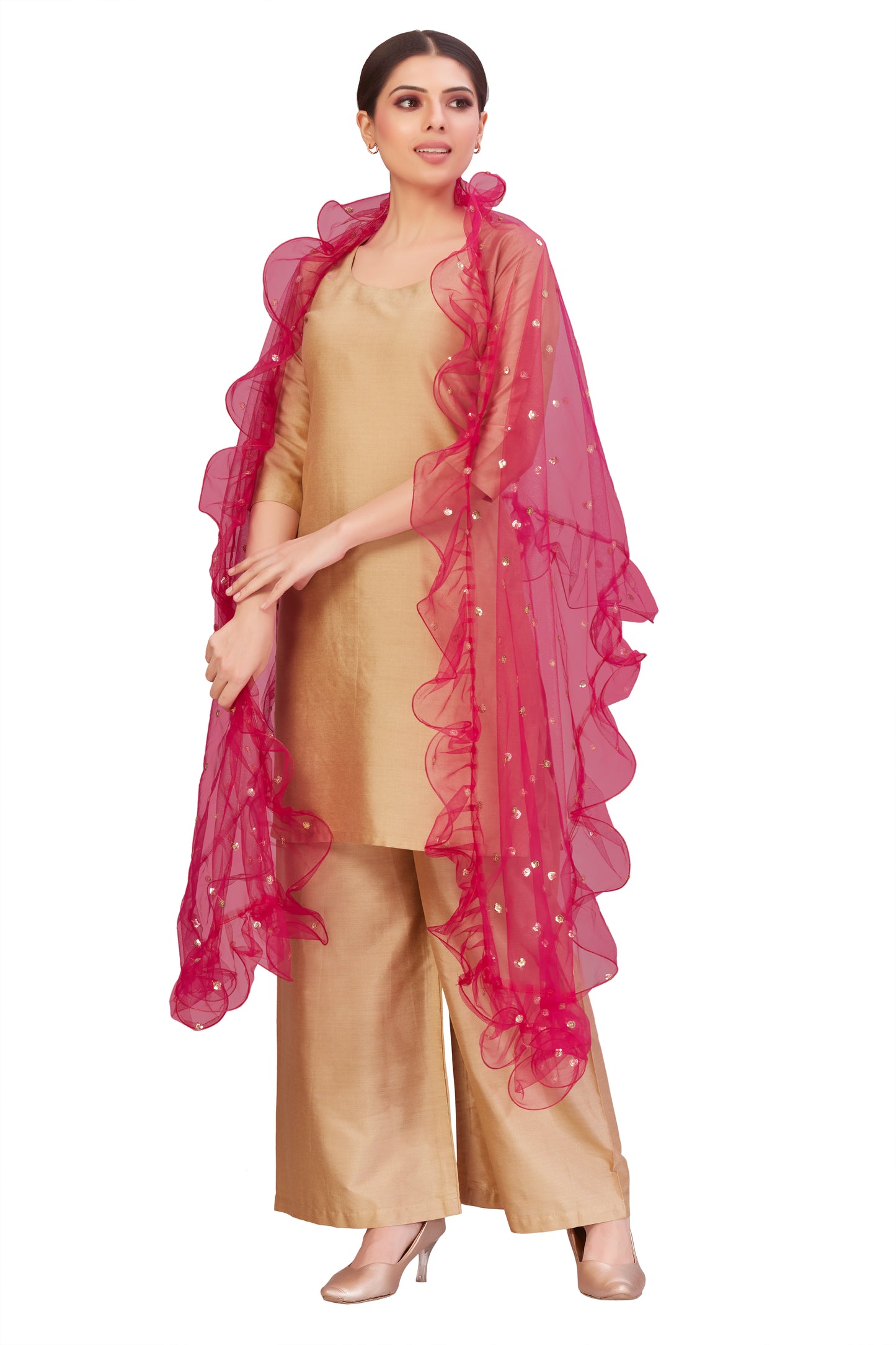 Women's Net Ruffled Dupatta (2.45 Meters) (2658 - Pink)