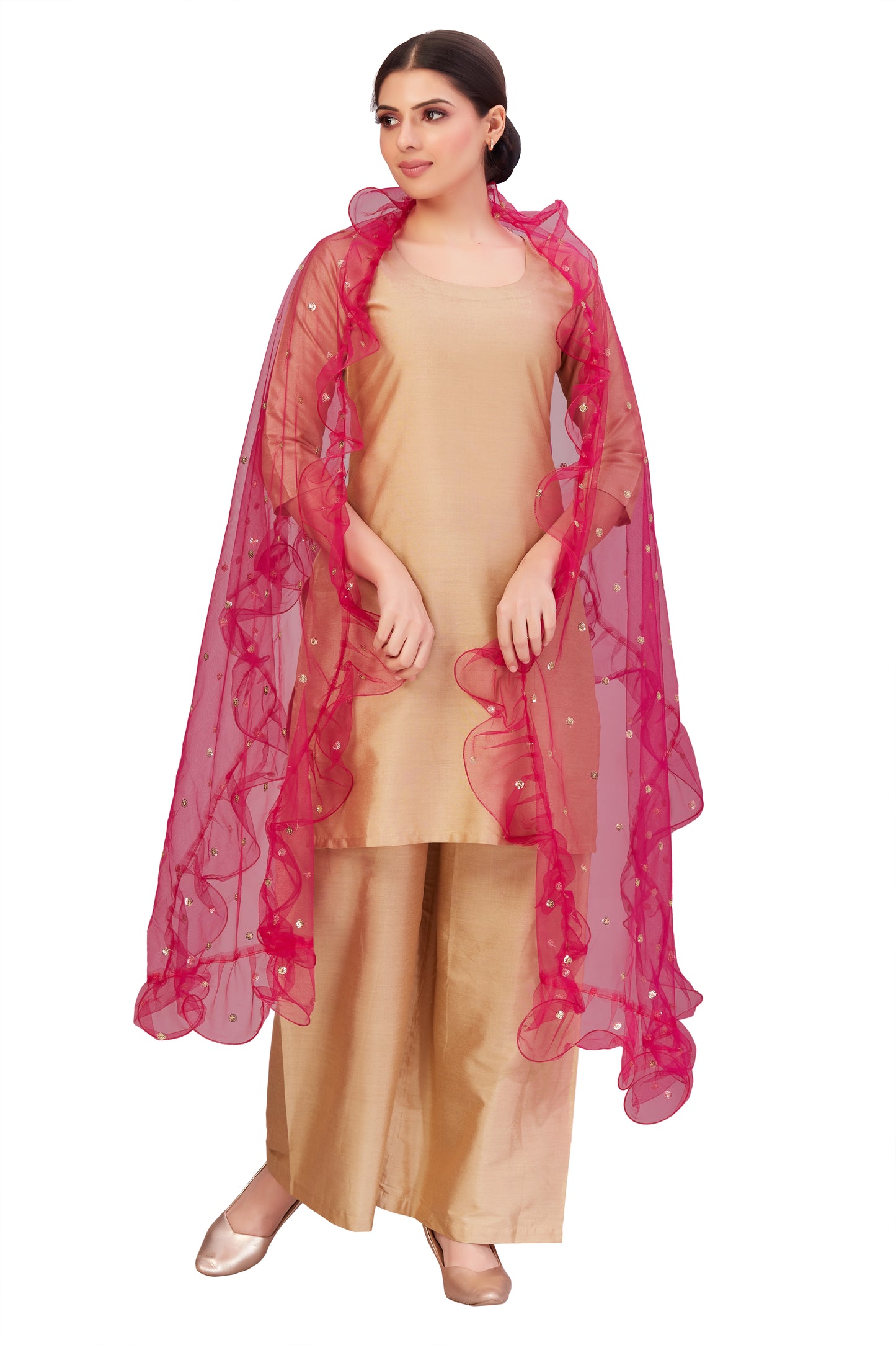 Women's Net Ruffled Dupatta (2.45 Meters) (2658 - Pink)