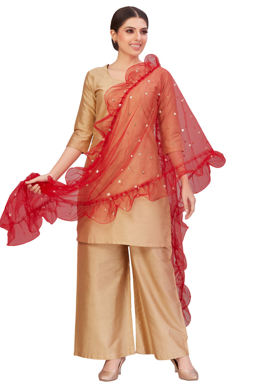 Women's Net Ruffled Dupatta (2.45 Meters) (2658 - Red)