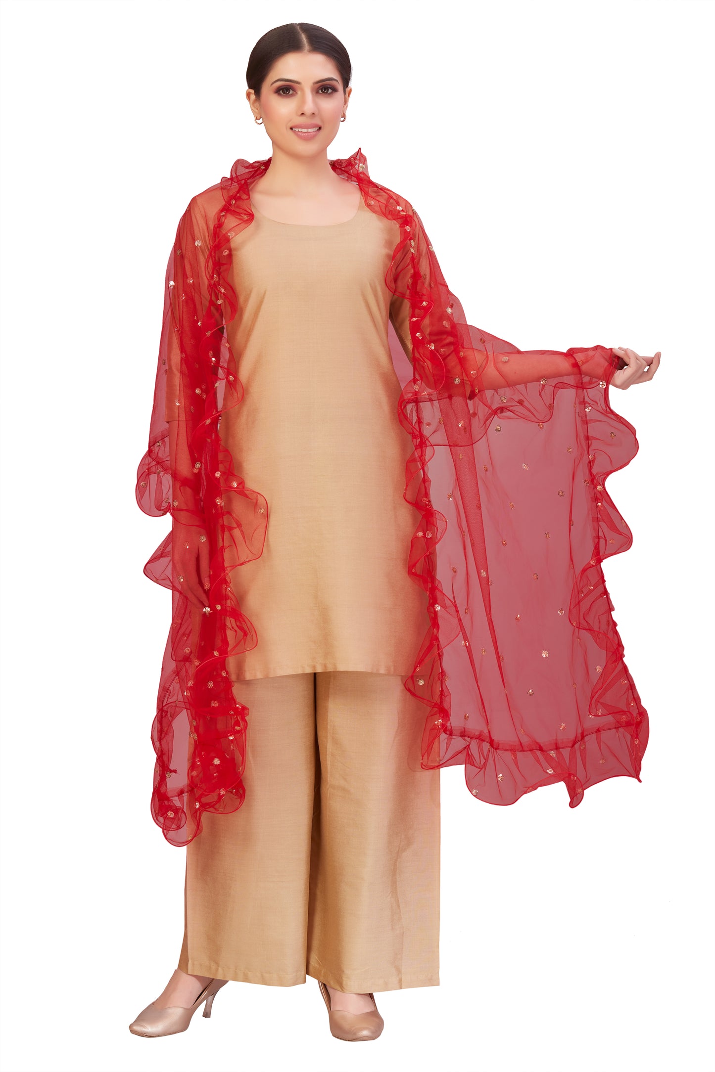 Women's Net Ruffled Dupatta (2.45 Meters) (2658 - Red)