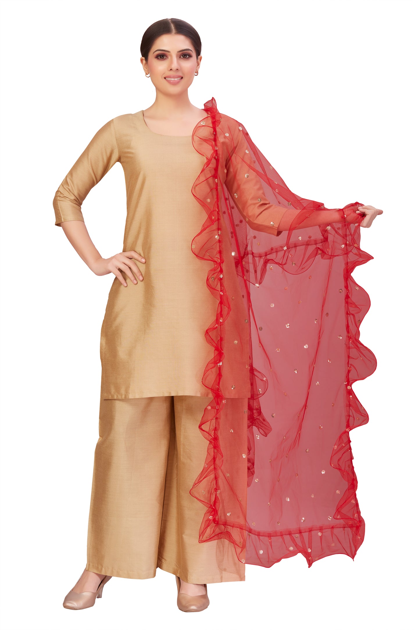 Women's Net Ruffled Dupatta (2.45 Meters) (2658 - Red)