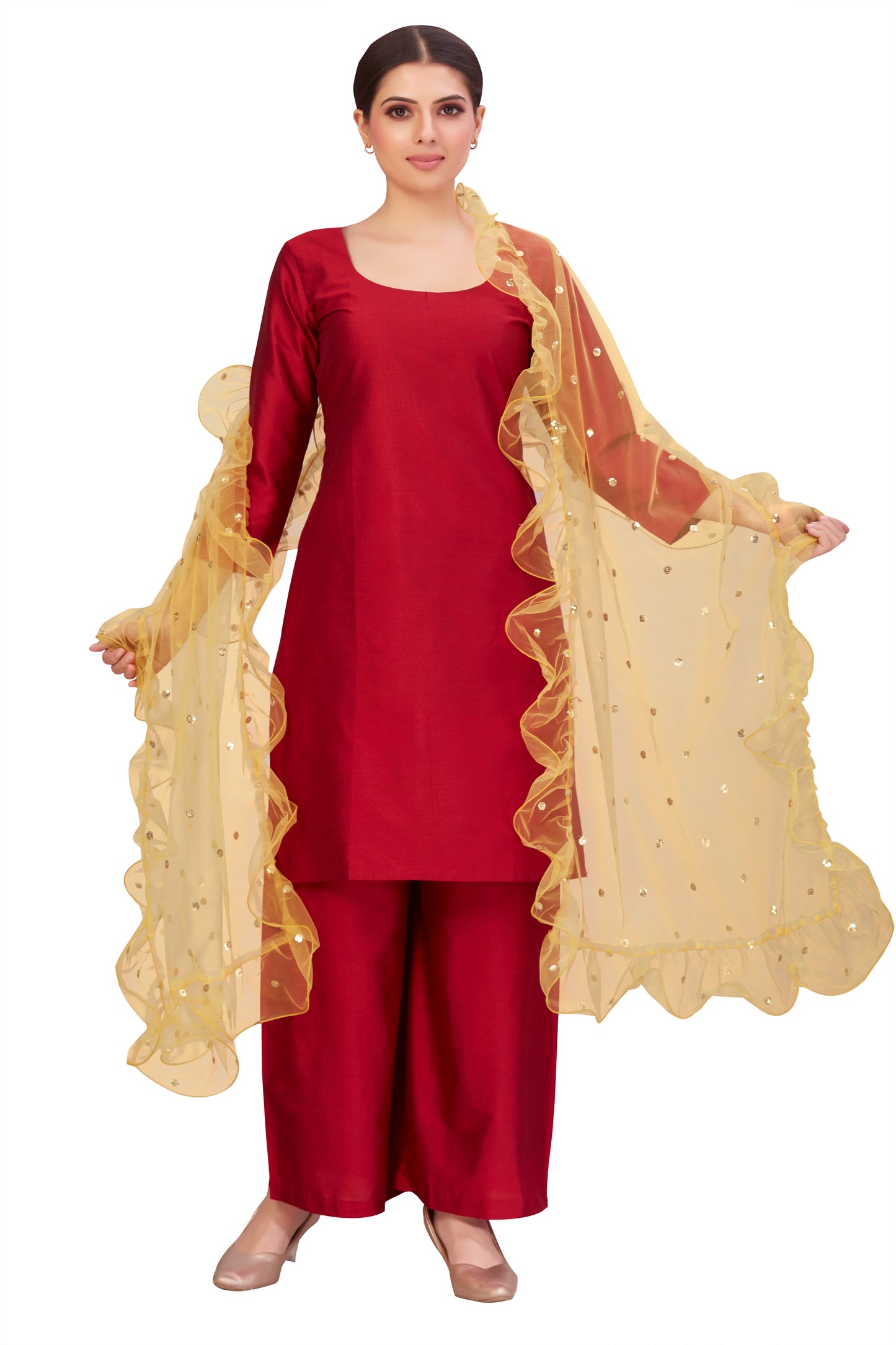 Women's Net Ruffled Dupatta (2.45 Meters) (2658 - Yellow)