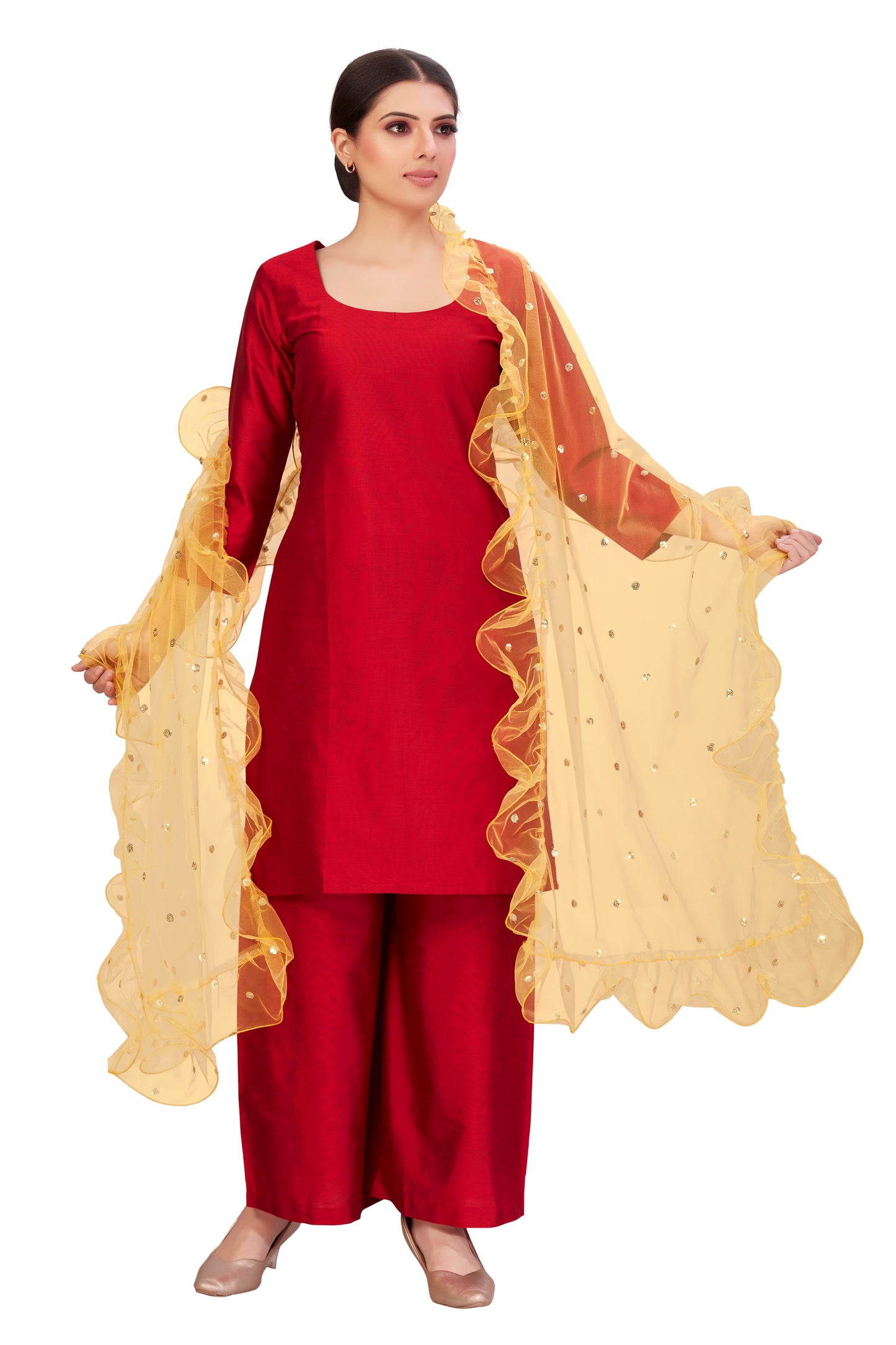 Women's Net Ruffled Dupatta (2.45 Meters) (2658 - Yellow)