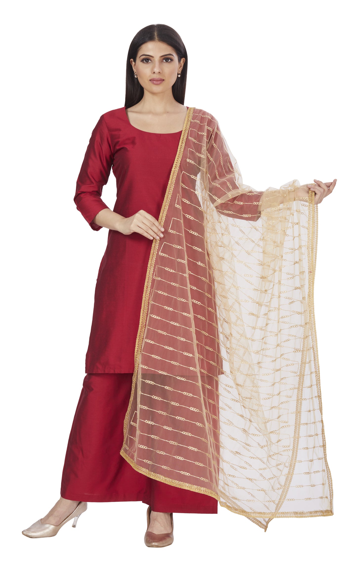 Women's Golden Net Embroidered Full Size Dupatta(42" X 2.45 Meters) (2661 - Gold)