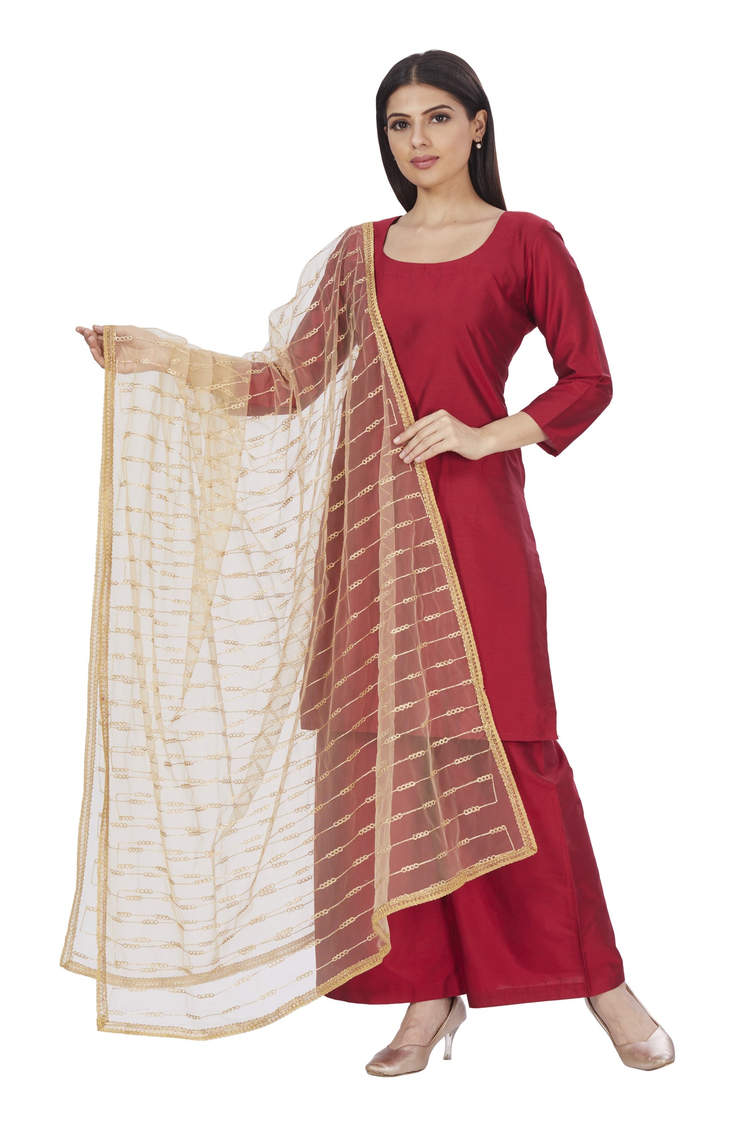 Women's Golden Net Embroidered Full Size Dupatta(42" X 2.45 Meters) (2661 - Gold)