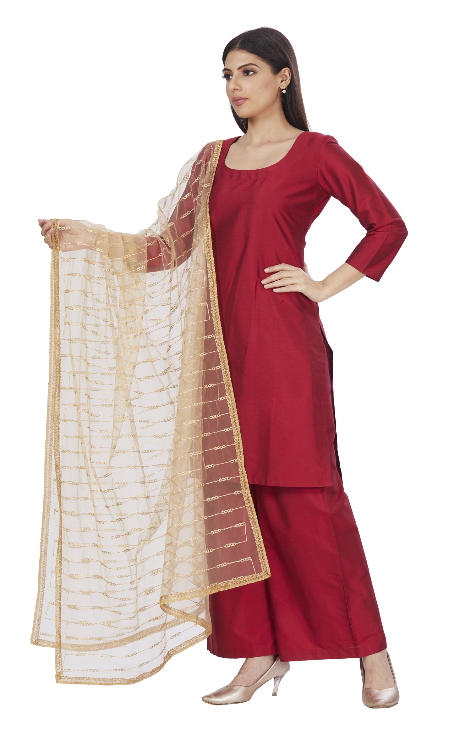 Women's Golden Net Embroidered Full Size Dupatta(42" X 2.45 Meters) (2661 - Gold)