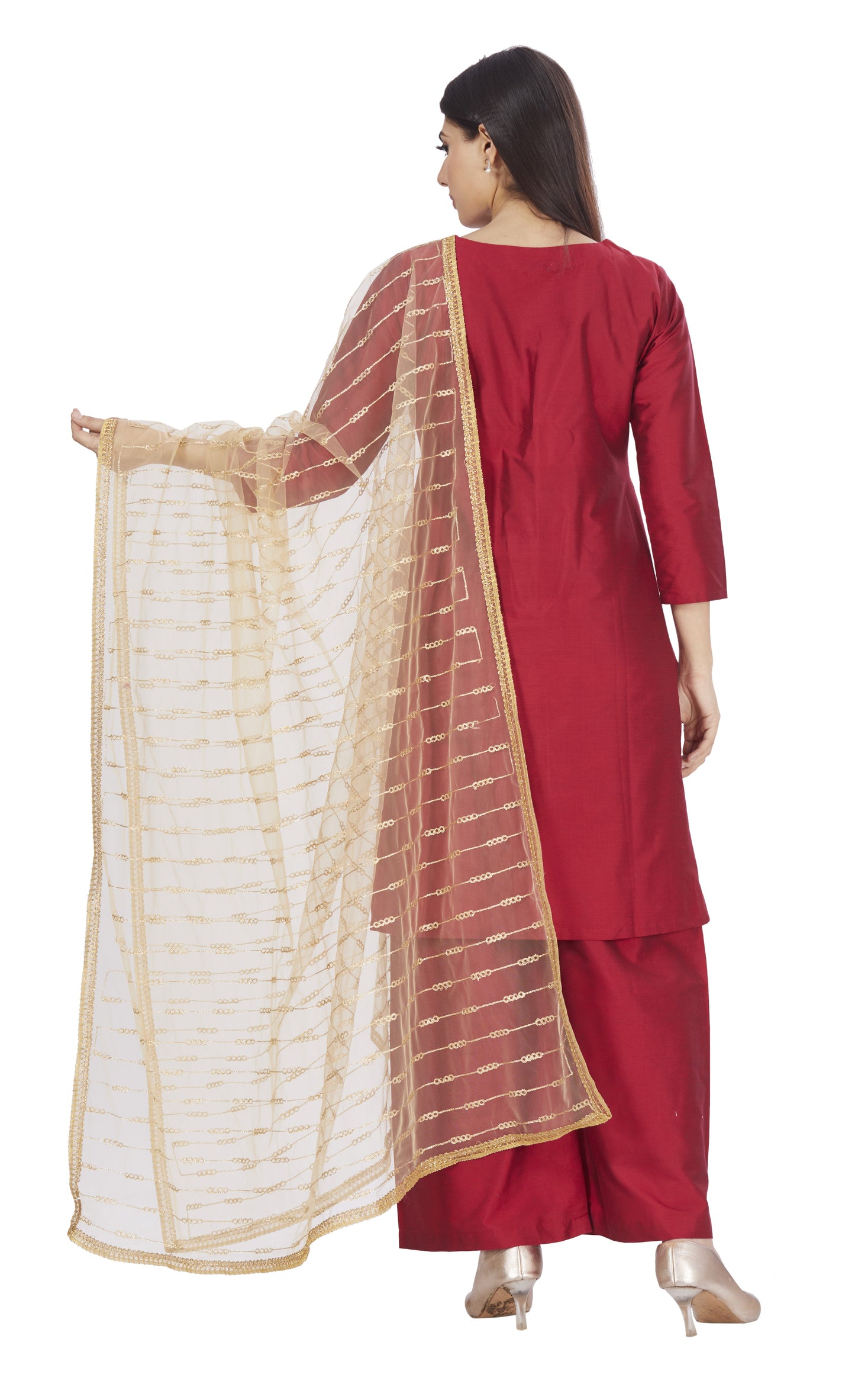 Women's Golden Net Embroidered Full Size Dupatta(42" X 2.45 Meters) (2661 - Gold)