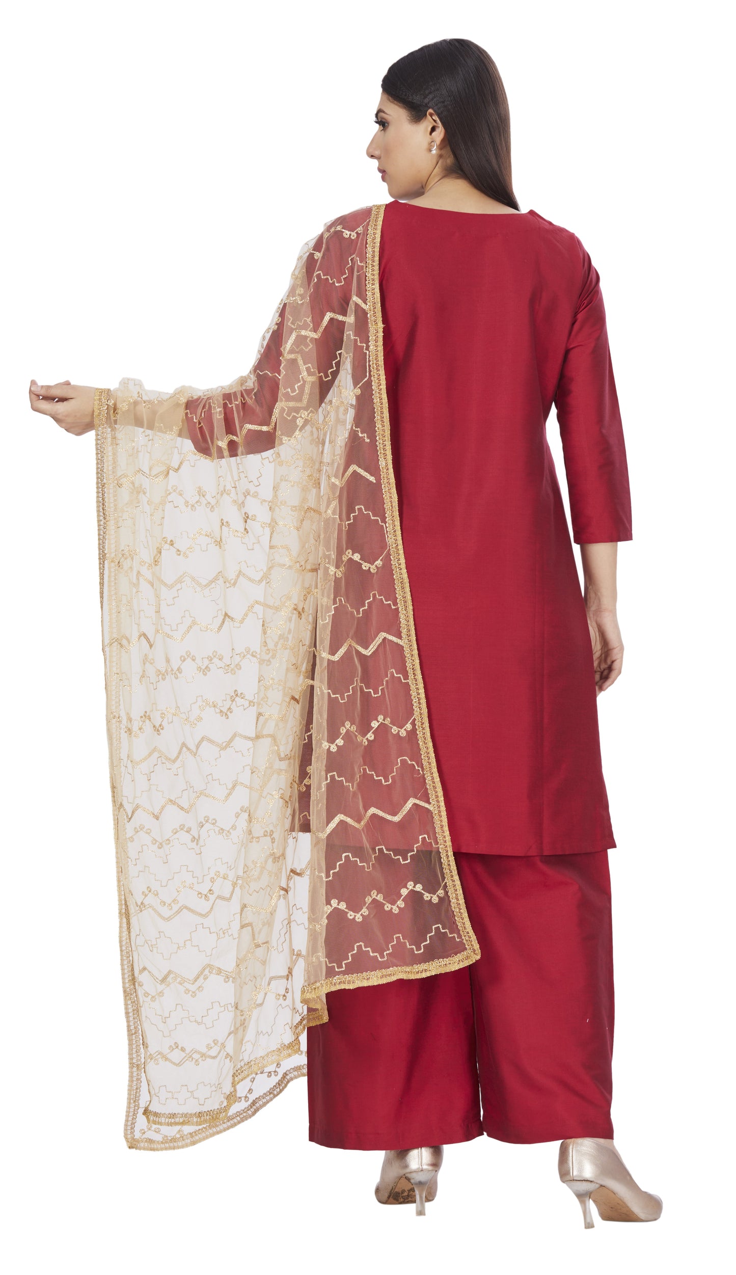 Women's Golden Net Embroidered Full Size Dupatta (42" X 2.45 Meters) (2662 - Gold)