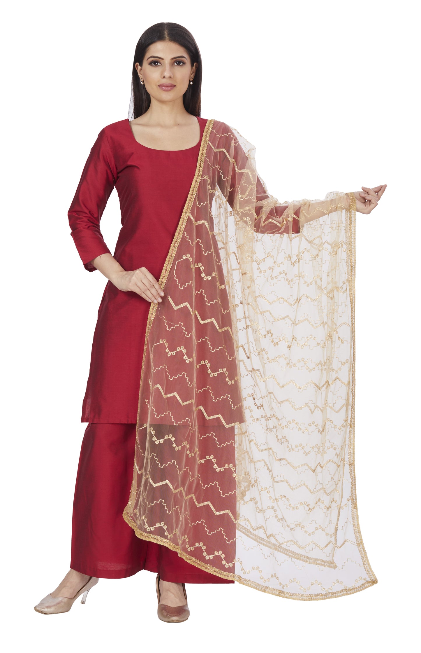 Women's Golden Net Embroidered Full Size Dupatta (42" X 2.45 Meters) (2662 - Gold)