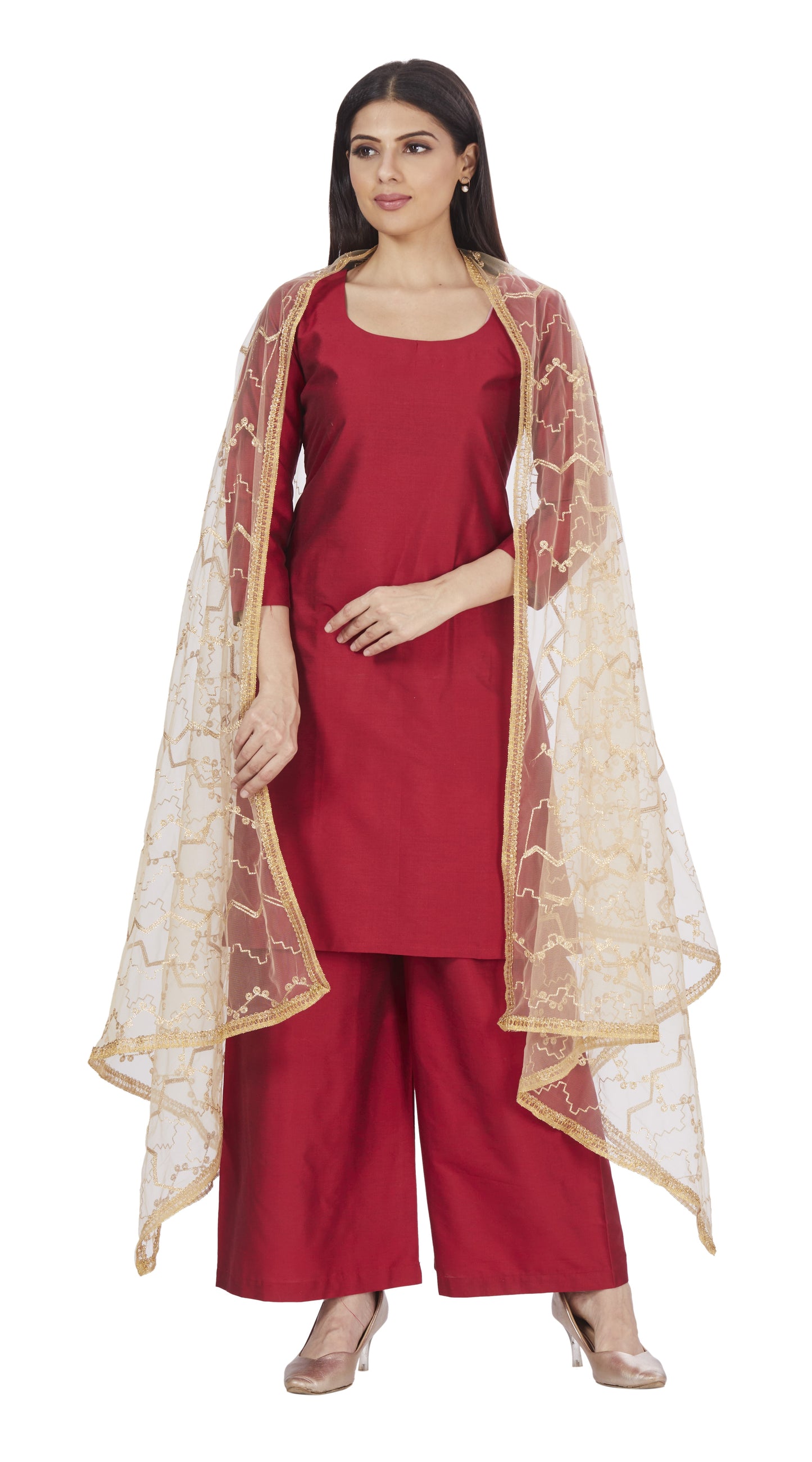 Women's Golden Net Embroidered Full Size Dupatta (42" X 2.45 Meters) (2662 - Gold)