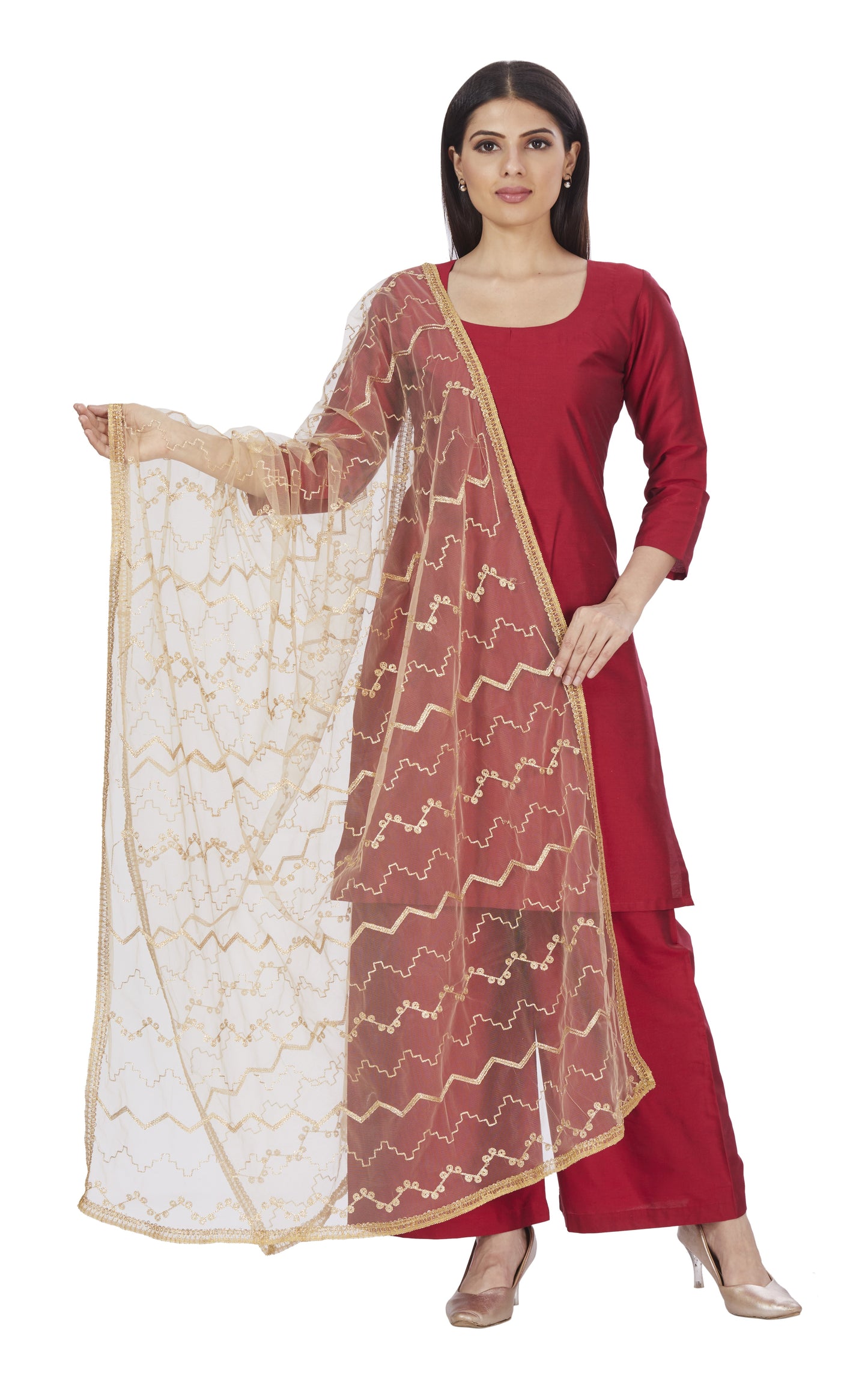 Women's Golden Net Embroidered Full Size Dupatta (42" X 2.45 Meters) (2662 - Gold)