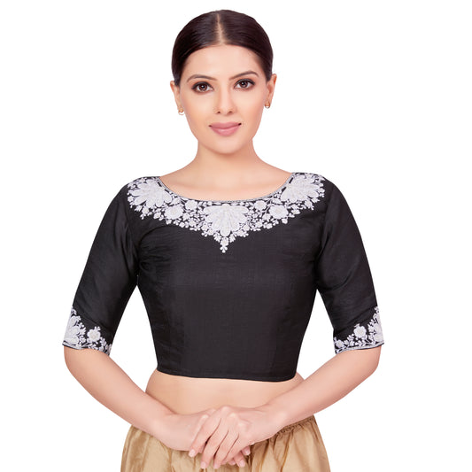 Women's Black Cotton Embroidered Blouse with Parsi Gara Work (Design 2663)