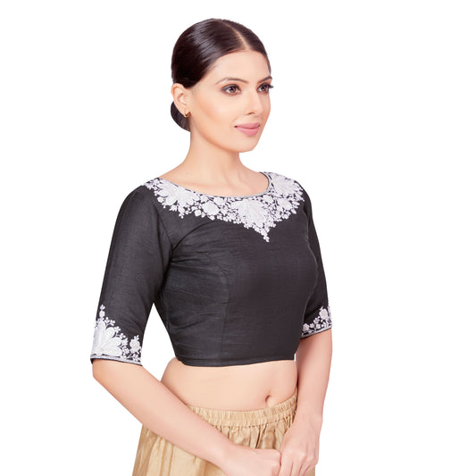 Women's Black Cotton Embroidered Blouse with Parsi Gara Work (Design 2663)