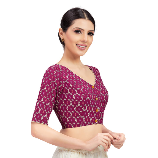 Women's Wine Readymade Cotton Ikat Printed Saree Blouse (Design 2704)