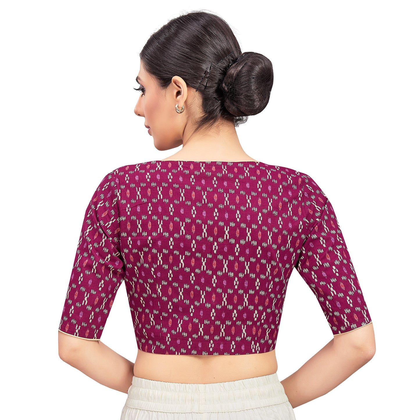 Women's Wine Readymade Cotton Ikat Printed Saree Blouse (Design 2704)