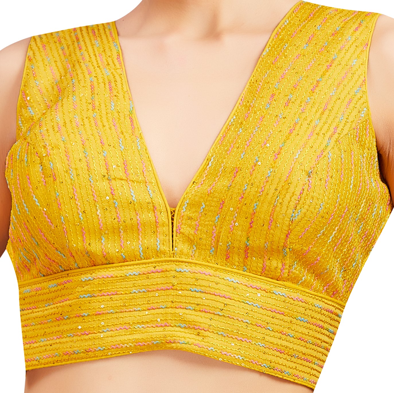 Women's Yellow Embroidered V Neck Sleeveless Padded Saree Blouse (Design 2726)
