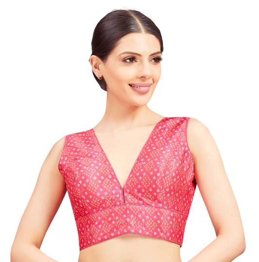 Women's Pink Bandhej V Neck Sleeveless Padded Saree Blouse (Design 2727)