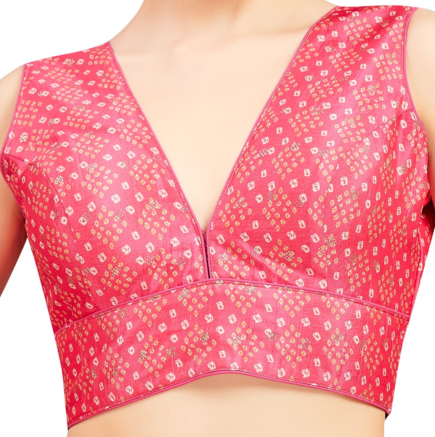 Women's Pink Bandhej V Neck Sleeveless Padded Saree Blouse (Design 2727)