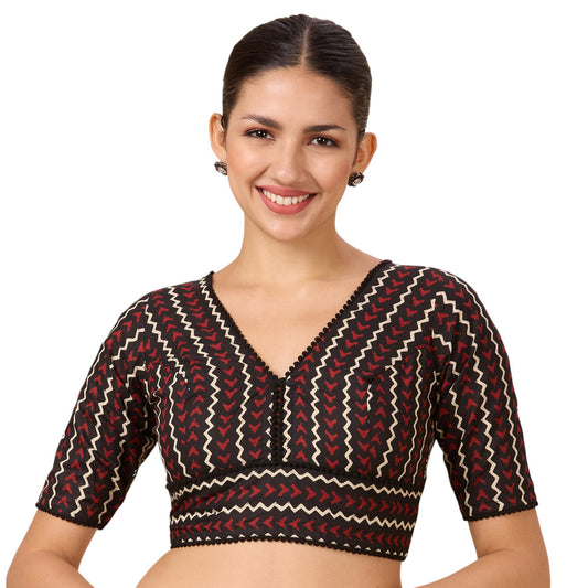 Women's Readymsde Black & Marron Printed Cotton Saree Blouse (Design 2731)